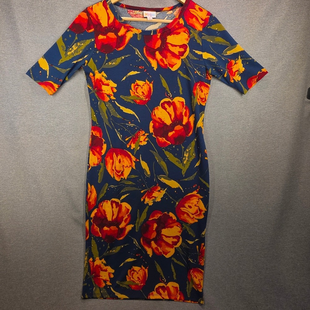 LuLaRoe Julia Dress Womens Small Navy Blue Orange Floral Tulip Sheath JC001-4